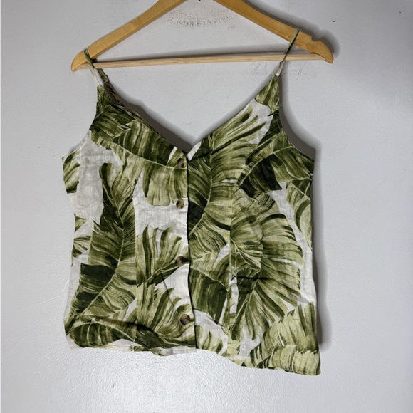 H&M Tops - H&M 100% Linen‎ sleeveless tropical blouse Green leaves buttons V-neck Small